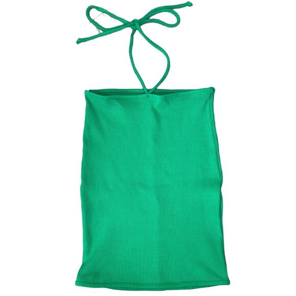 Retro Ribbed Halter Shirt, Tube Top Stretch Strapless Green S - Picture 1 of 6